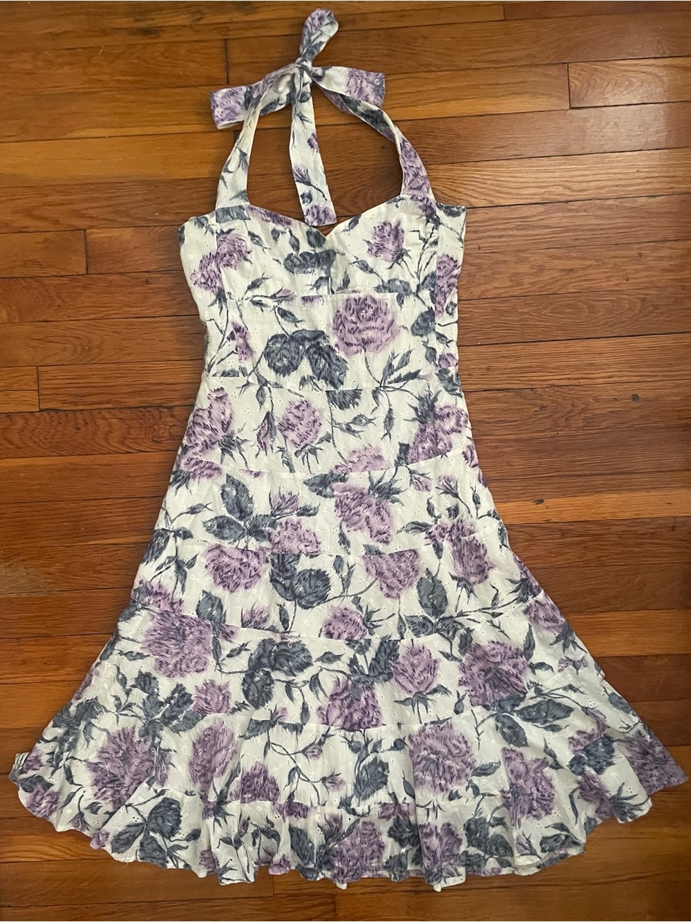 Odille Anthropologie White and purple floral eyelet tiered midi dress size 2